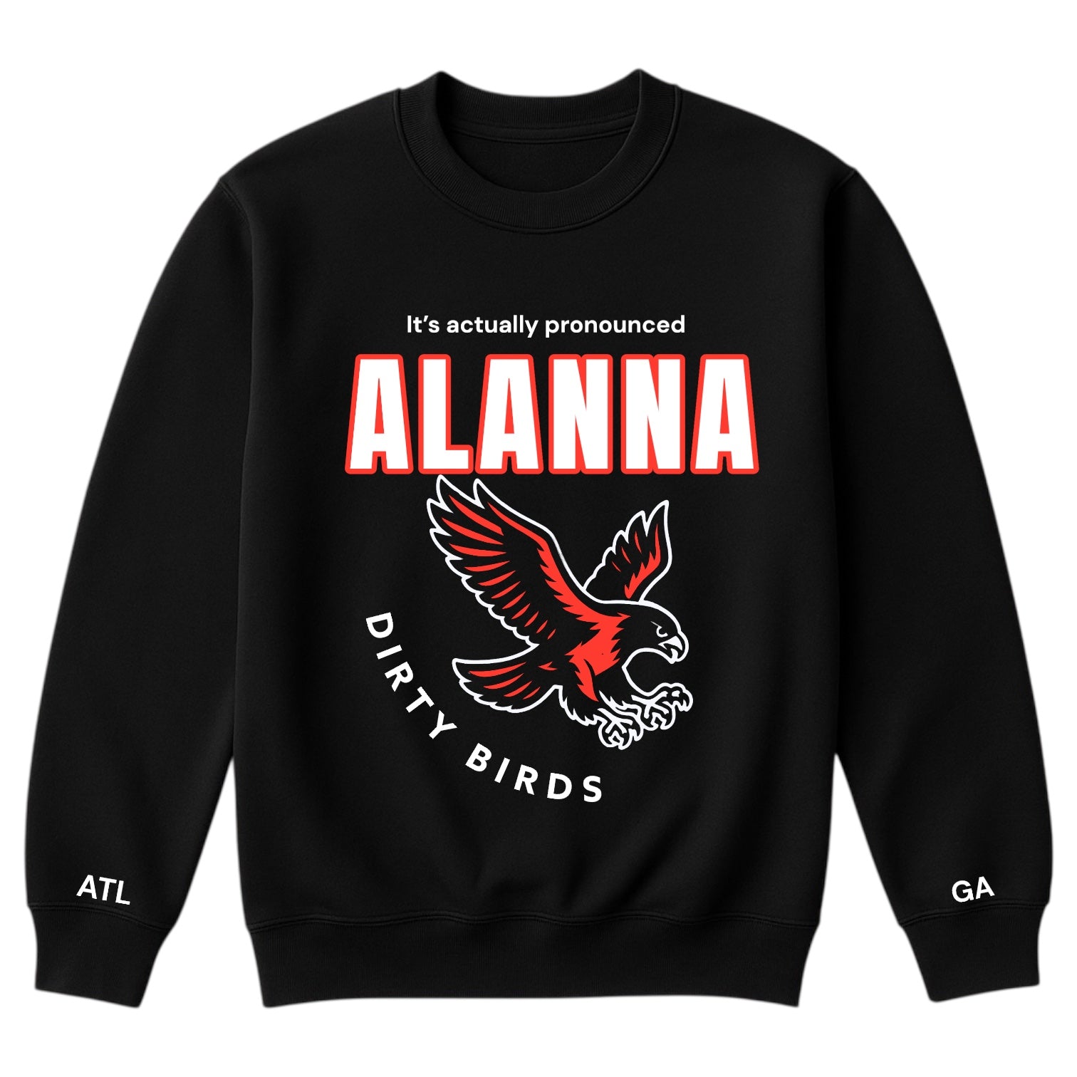 Black sweatshirt with red and white graphic and text on a white background