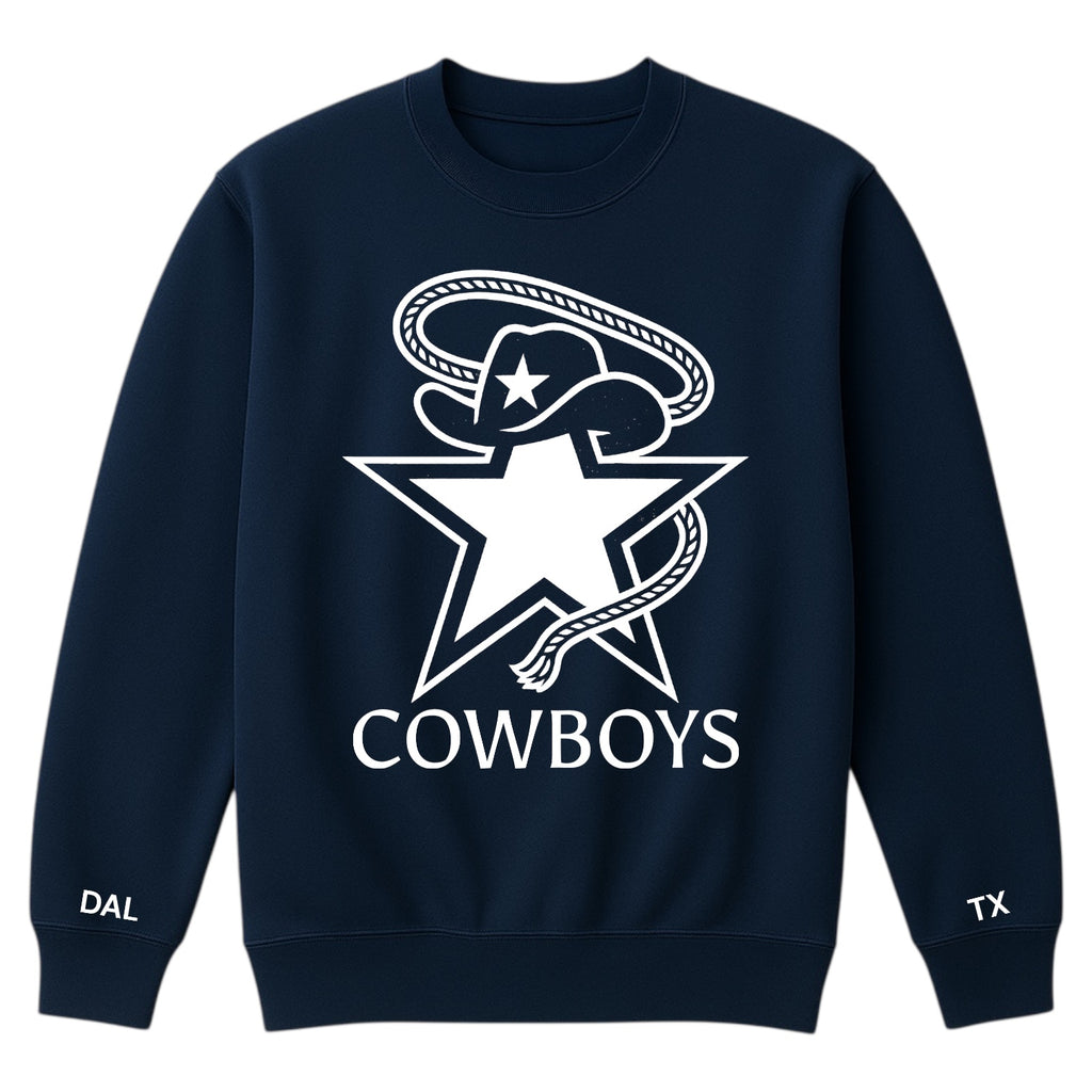 Navy blue sweatshirt with white 'Cowboys' logo on a white background