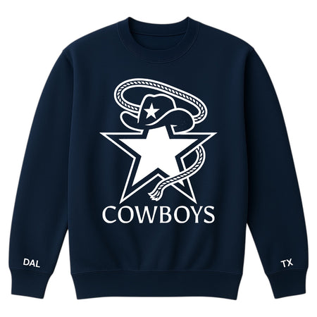 Navy blue sweatshirt with white 'Cowboys' logo on a white background