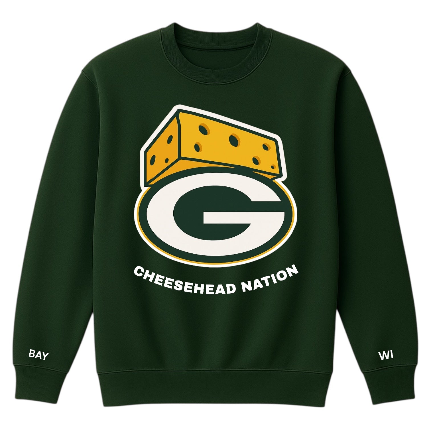 Green sweatshirt with cheesehead graphic and 'Cheesehead Nation' text on a white background