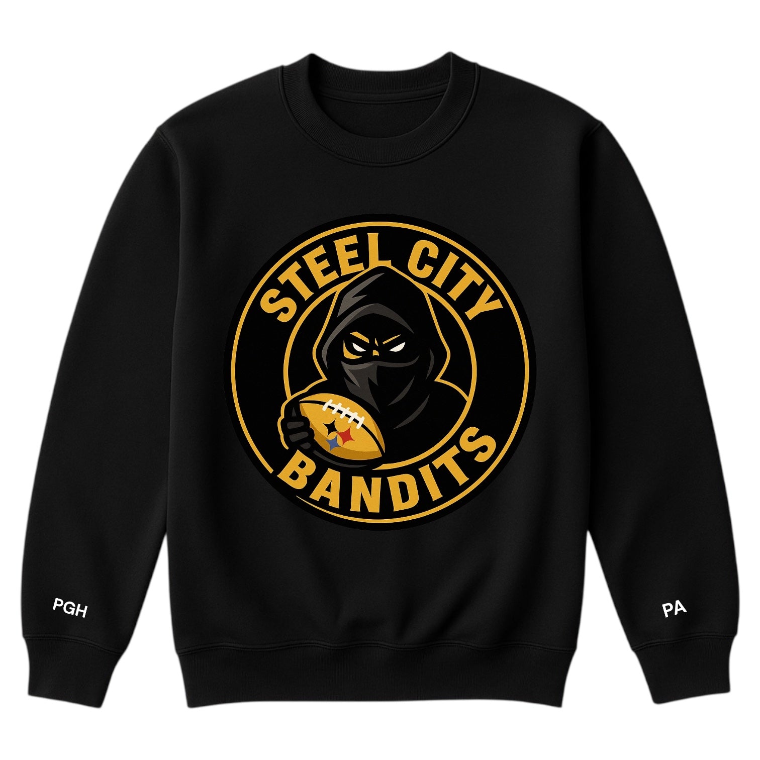 Black sweatshirt with 'Steel City Bandits' logo on a white background