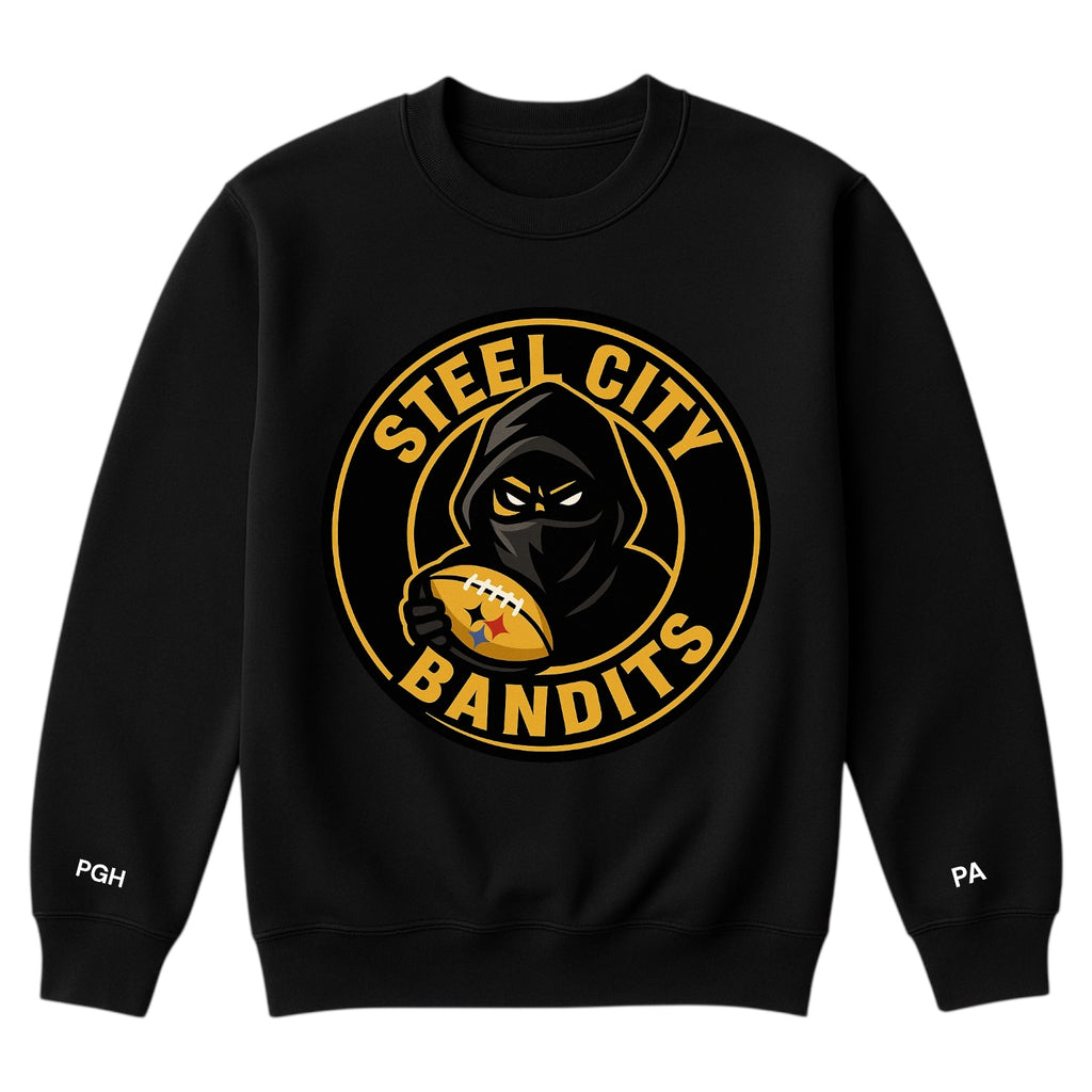 Black sweatshirt with 'Steel City Bandits' logo on a white background