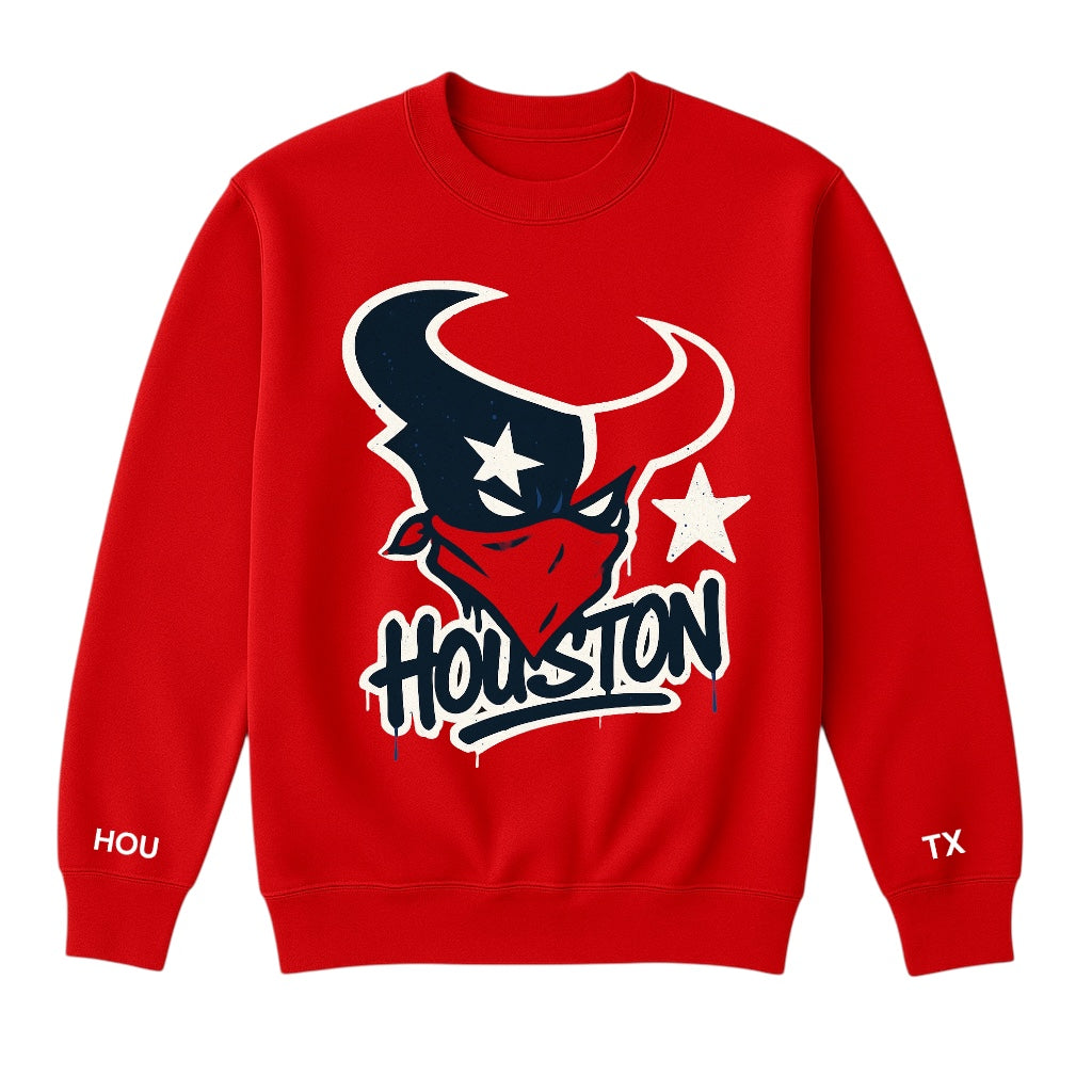 Red sweatshirt with Houston logo on a white background