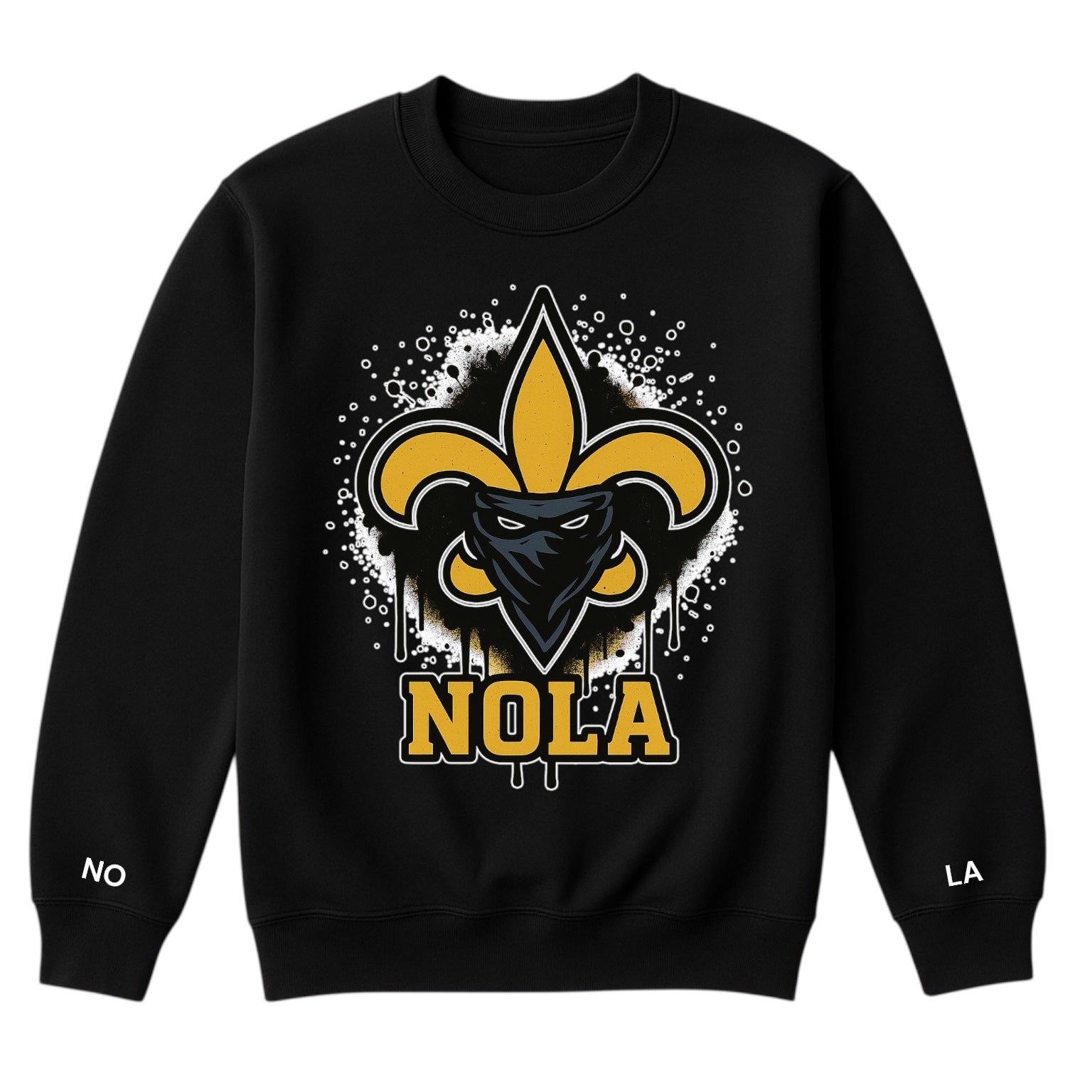Black sweatshirt with a graphic design featuring a fleur-de-lis and a mask, with 'NOLA' text on a white background.