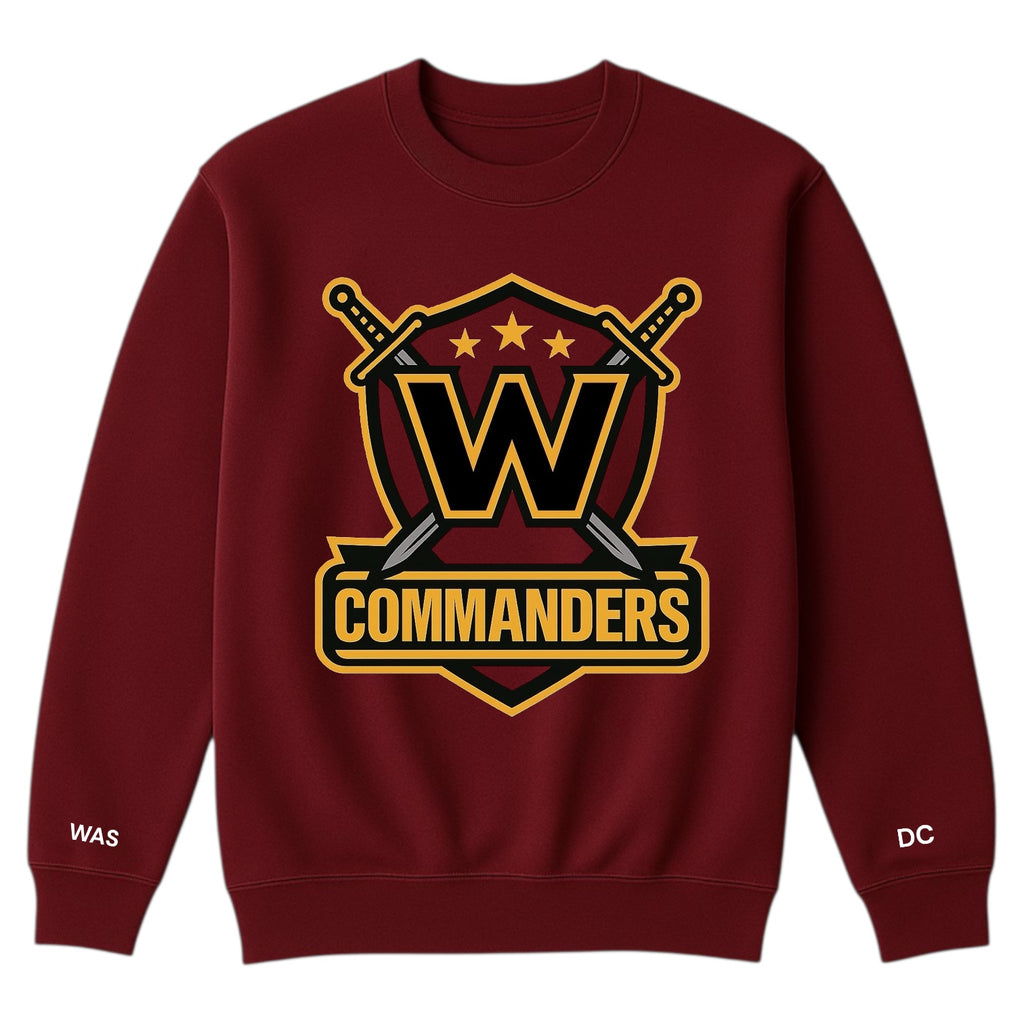 Maroon sweatshirt with 'W Commanders' logo on a white background