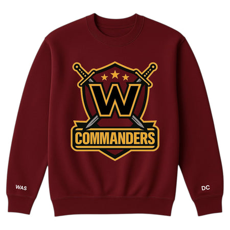 Maroon sweatshirt with 'W Commanders' logo on a white background