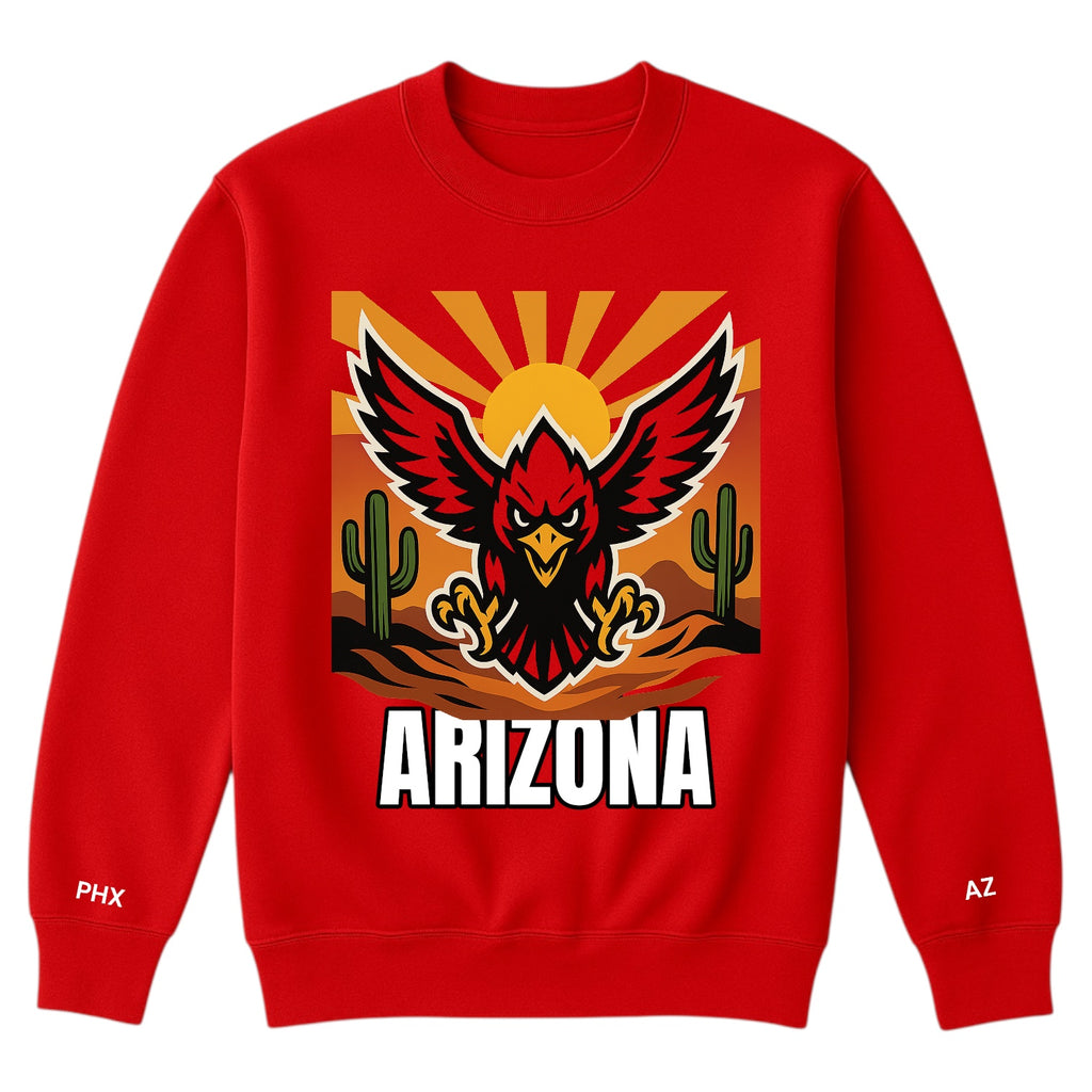 Red sweatshirt with an Arizona-themed design featuring a cardinal and cacti on a white background.