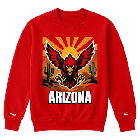 Red sweatshirt with an Arizona-themed design featuring a cardinal and cacti on a white background.