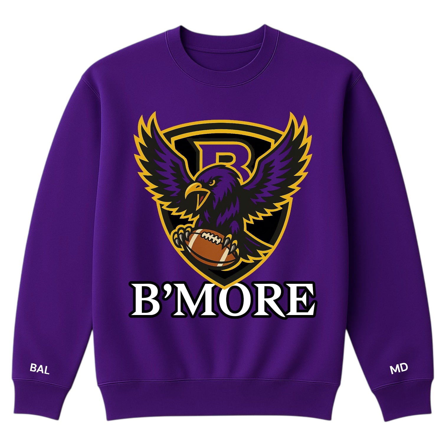 Purple sweatshirt with raven logo and 'B' MORE' text on a white background