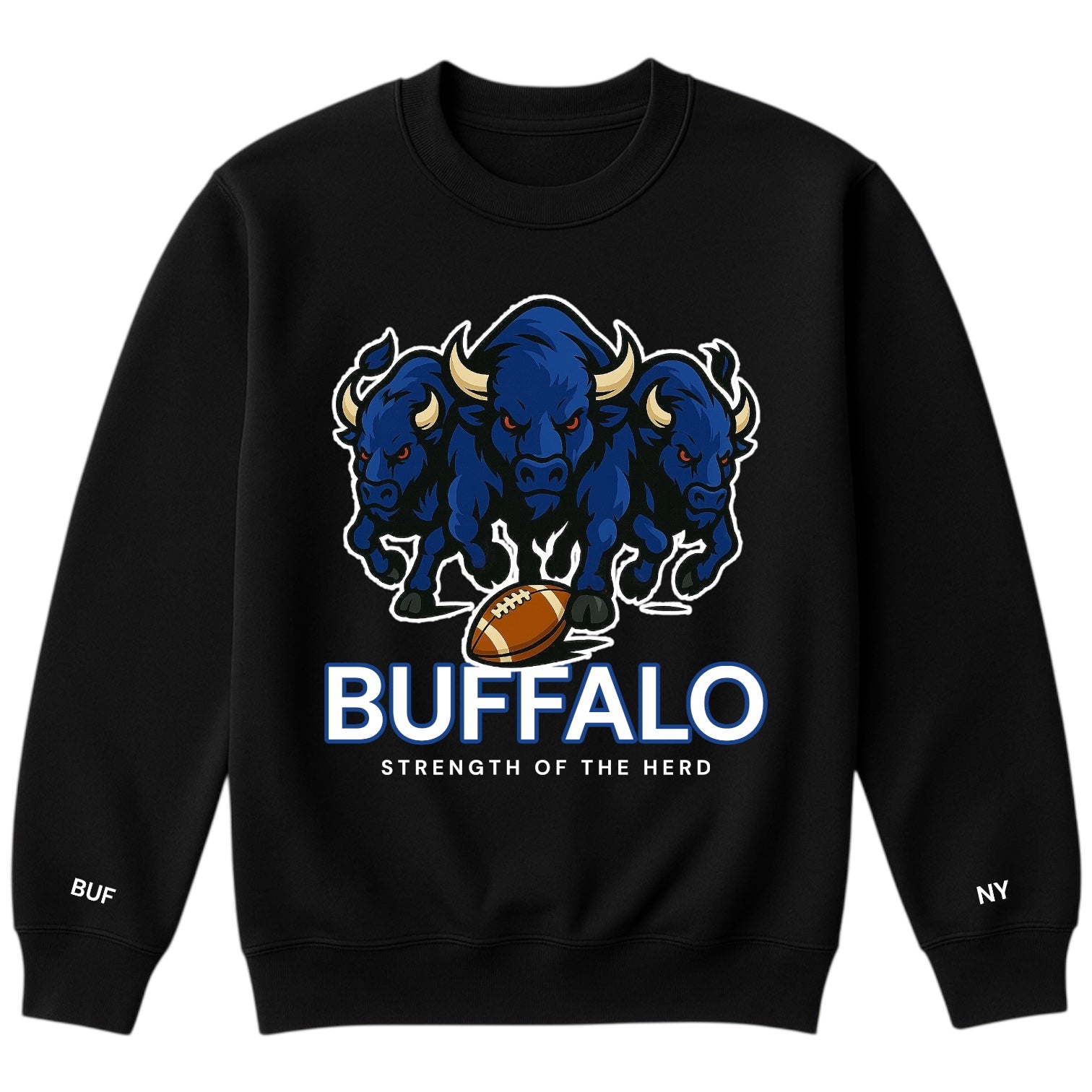 Black sweatshirt with buffalo on front with words "strength of the herd" with white background