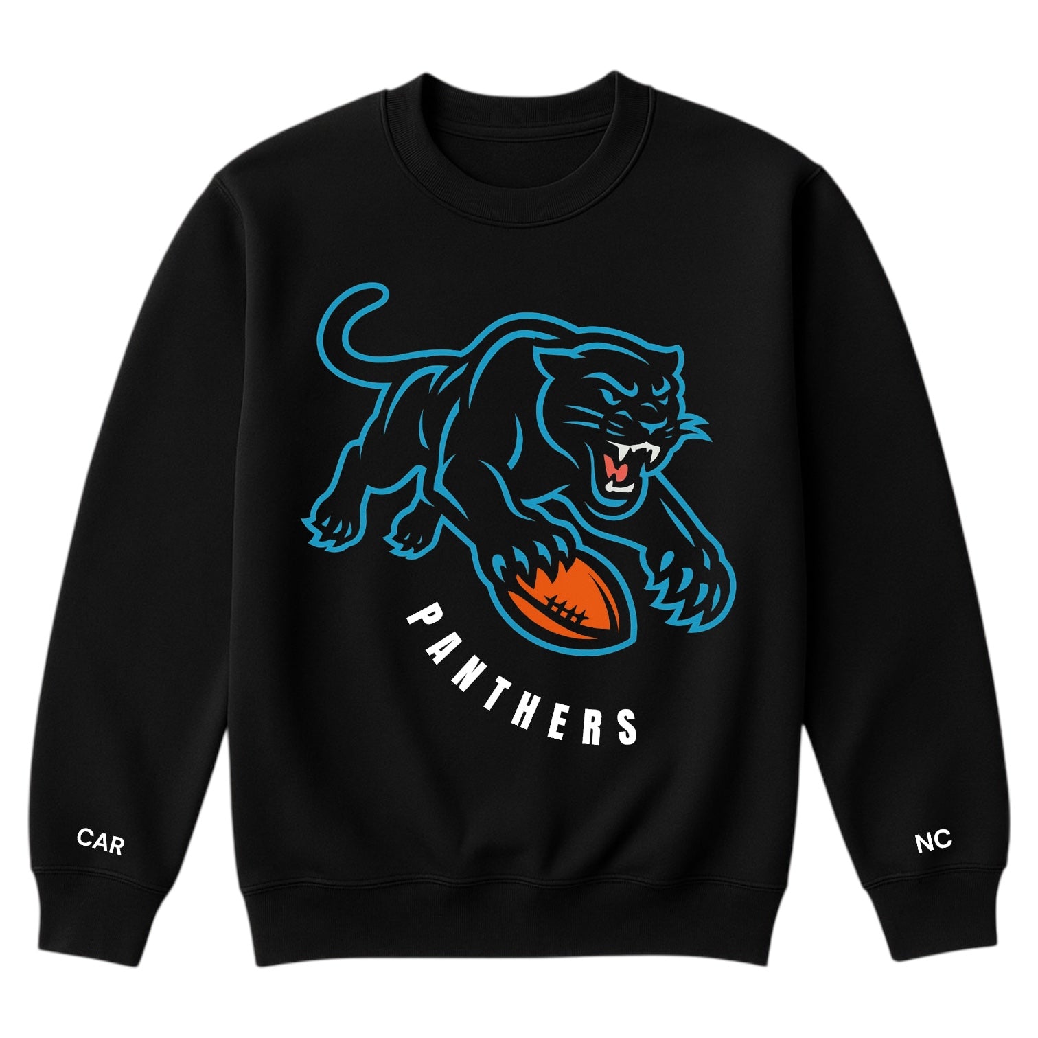 Black sweatshirt with panther graphic and 'Panthers' text on a white background