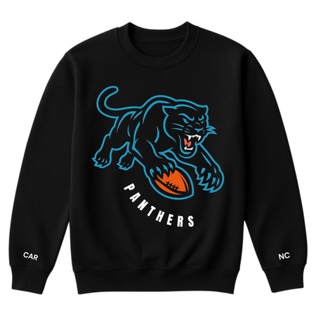 Black sweatshirt with panther graphic and 'Panthers' text on a white background
