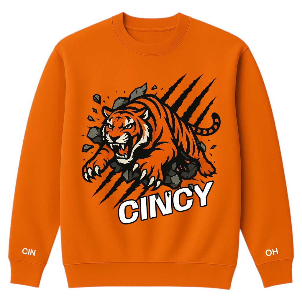 Orange sweatshirt with a tiger graphic and 'Cincy' text on a white background