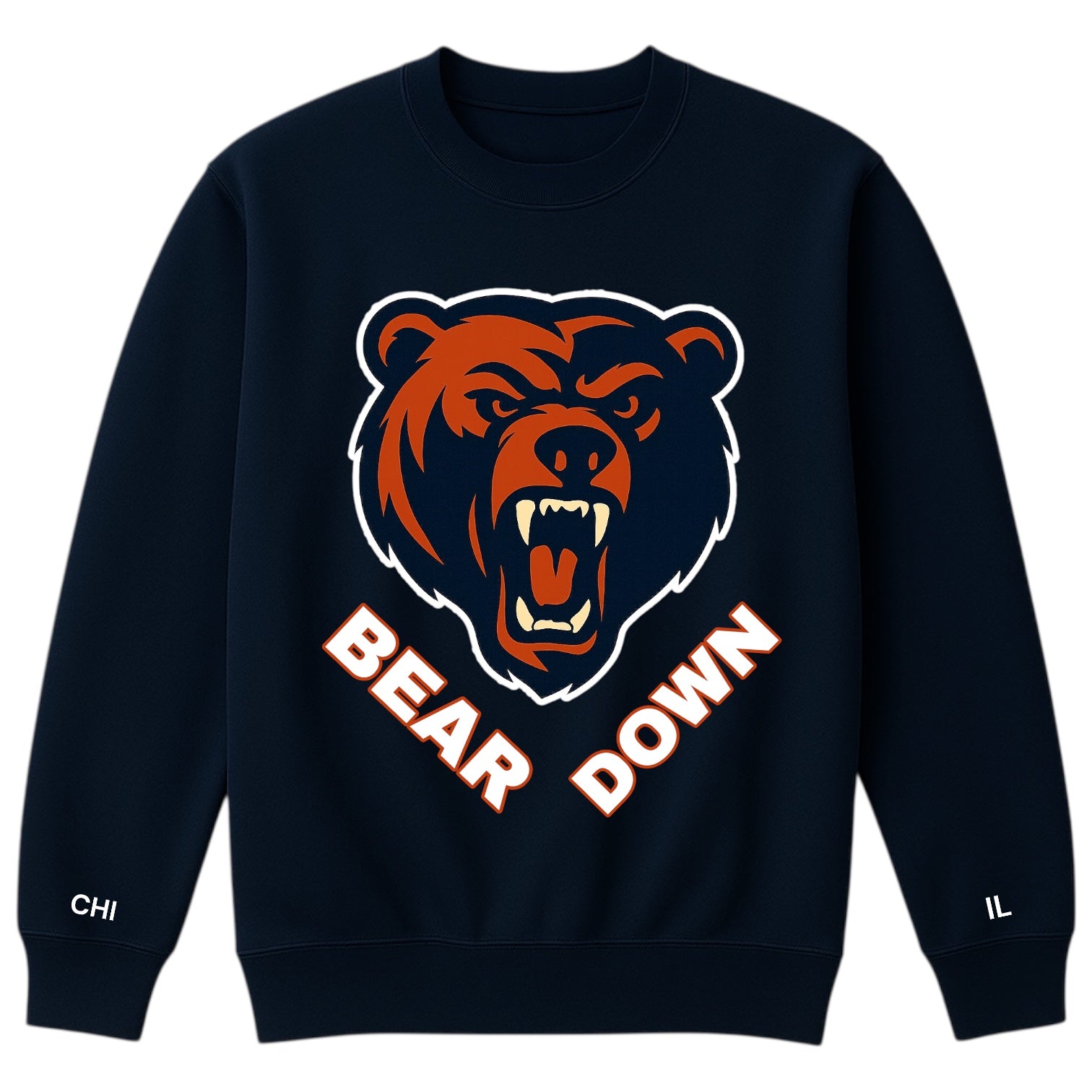 Navy blue sweatshirt with bear graphic and 'Bear Down' text on a white background