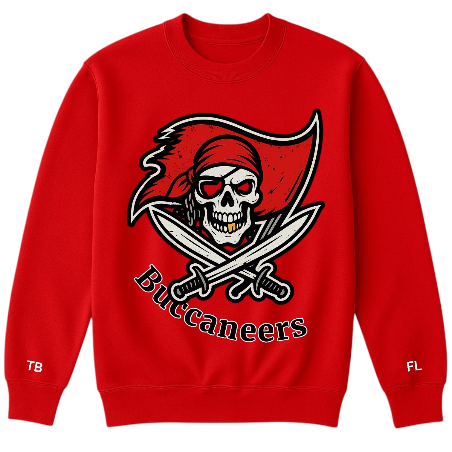 Red sweatshirt with Buccaneers logo featuring a skull and crossed swords on a white background