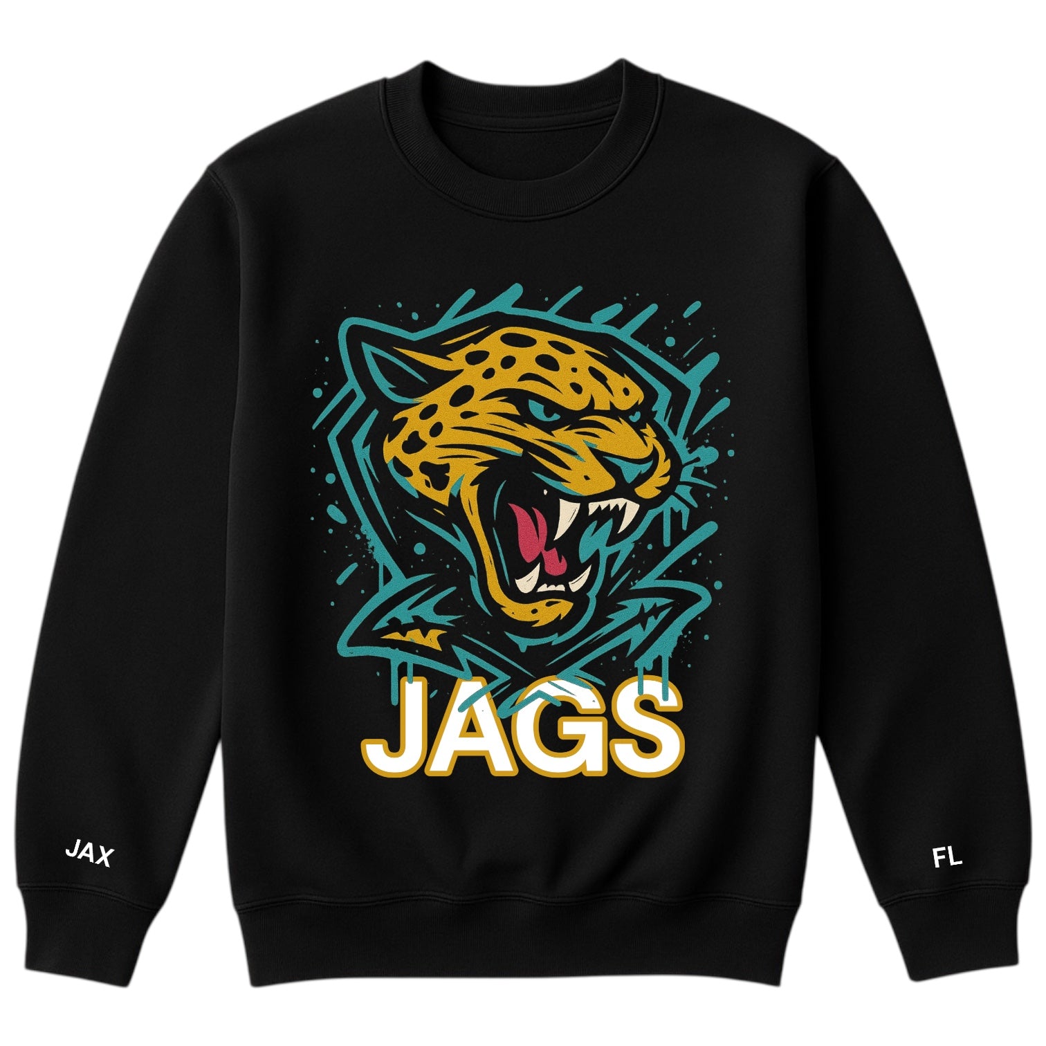 Black sweatshirt with a colorful jaguar graphic and 'JAGS' text on a white background