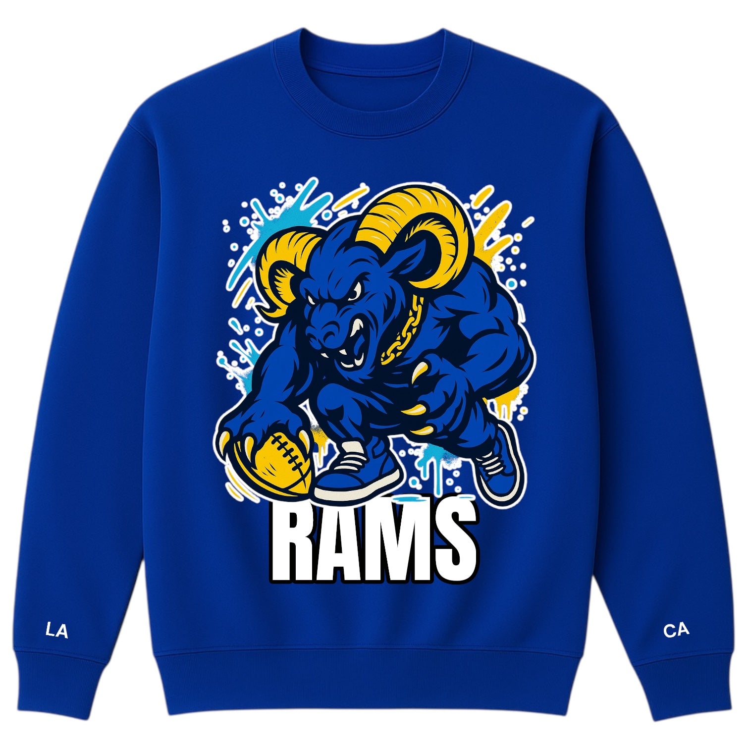 Blue sweatshirt with Rams logo and text on a white background