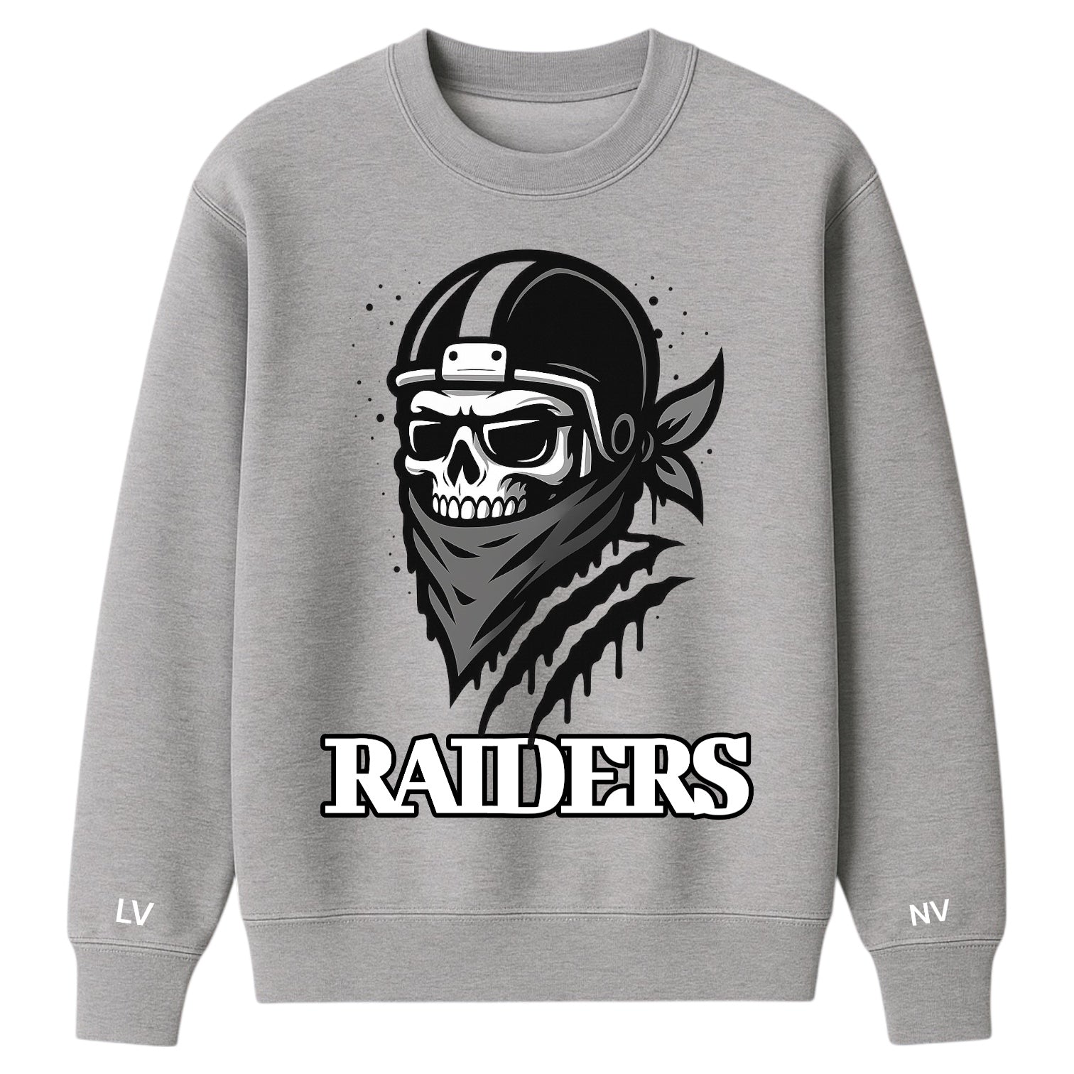 Gray sweatshirt with a skull wearing a bandana and goggles, and 'RAIDERS' text on a white background.